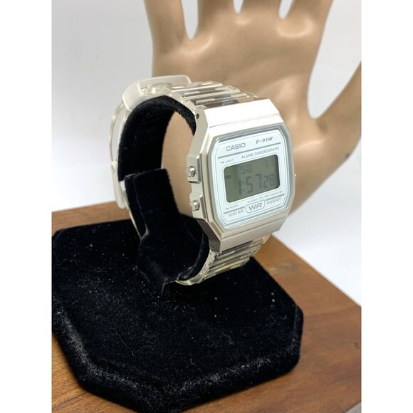 Casio Watch F91W Quartz Digital Silver Clear Resin Sport 33mm Stopwatch Alarm - Picture 2 of 15